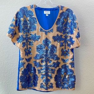 Blue Sequins Blouse Tan Floral Print Short Sleeve Top Dressy Gold Sequin Shirt